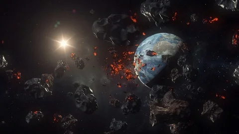 Realistic Space view of asteroids and meteors coming towards Earth for Stock Footage 95575737