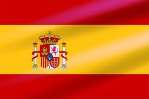 Realistic Spanish Flag developing in the wind with coat of arms with crowns,  Stock Illustration