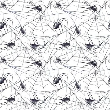 Realistic Spiders on Cobweb seamless pattern. Watercolor painted Halloween Stock Illustration