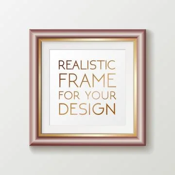 Realistic square gold frame template, frame on the wall mockup with decorative Stock Illustration
