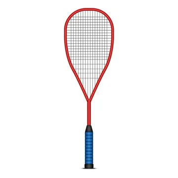 Realistic squash racket front view with red frame and blue grip isolated on.. Stock Illustration