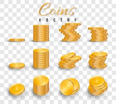 Realistic stack of gold coins isolated on transparent background. Pile of gol Stock Illustration