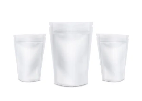 Realistic stand up coffee pouch mockup set, blank sealed white plastic bag Stock Illustration