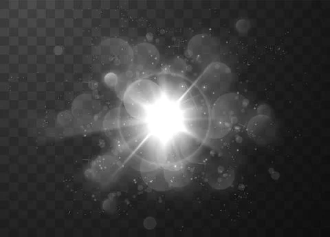 Realistic sun flare with bokeh effect and shimmering particles on a transparent Stock Illustration