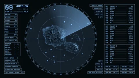 Realistic surface radar, scattered static targets, island (Fiji). Stock-Footage 157991997