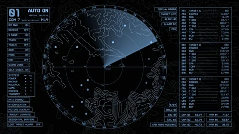 Realistic surface radar, scattered static targets, topographic map. Видео 158334924