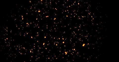 Realistic surreal ember fire dust slowing rising up on black bg. Grunge dar.. Stock Illustration