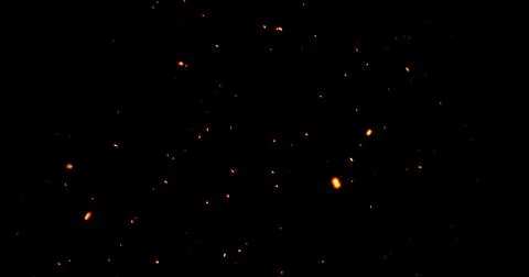 Realistic surreal ember fire dust slowing rising up on black bg. Grunge dar.. Stock Illustration
