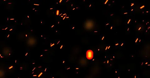 Realistic surreal ember fire dust slowly rising up on black bg . Grunge dar.. Illustrazione stock