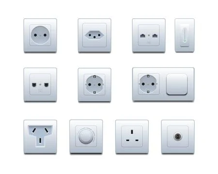 Realistic switch or socket. Electric power plug. Light toggle button. Plastic Stock Illustration