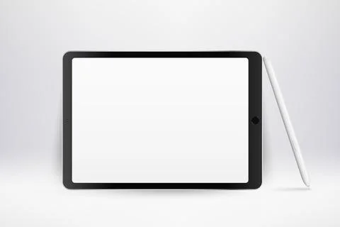Realistic tablet mockup. 3d device with pen and blank white screen. Modern fr Stock Illustration
