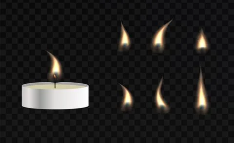 Realistic tea candle and flame set with various fire shapes. Isolated vector Stock Illustration