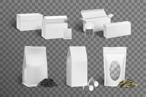 Realistic tea package. White paper boxes for teabags. Pyramids and dried leaf Stock-Illustration