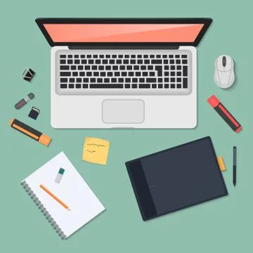Realistic technology workplace organization. Top view of color work desk with Stock Illustration