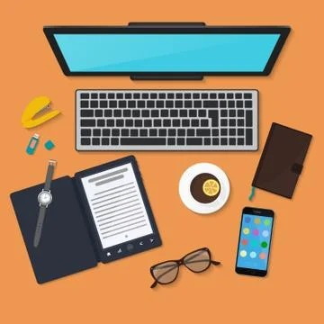 Realistic technology workplace organization. Top view of color work desk with Illustrazione stock