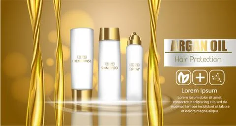 A realistic template cosmetic package. 3d splash of liquid oil. Splashing argan Stock Illustration