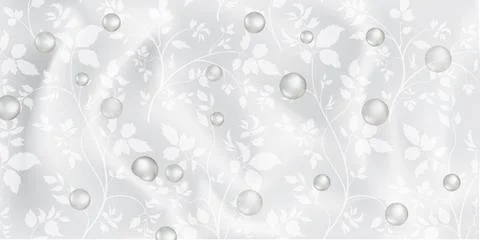Realistic texture of grey silk background with seamless pattern of leaves Stock Illustration