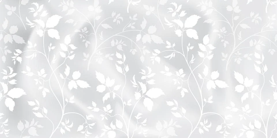 Realistic texture of grey silk background with seamless pattern of leaves Stock Illustration