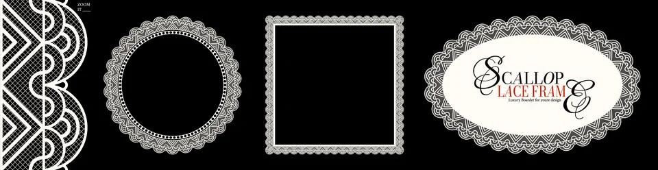 Realistic textured lace border frames pack isolated on black. Vintage crochet Stock Illustration