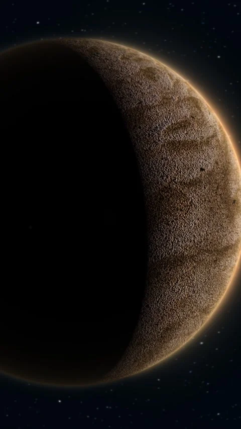 Realistic textured planet in partial shadow with glowing rim and starry spa.. Stock Footage 336307567