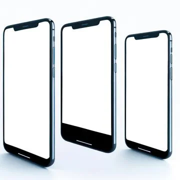 Realistic three smartphone devices blank screen mockup on red background. M.. Stock Illustration