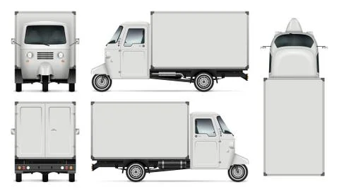 Realistic three-wheeled scooter vector mockup side, front, back, top view Stock Illustration