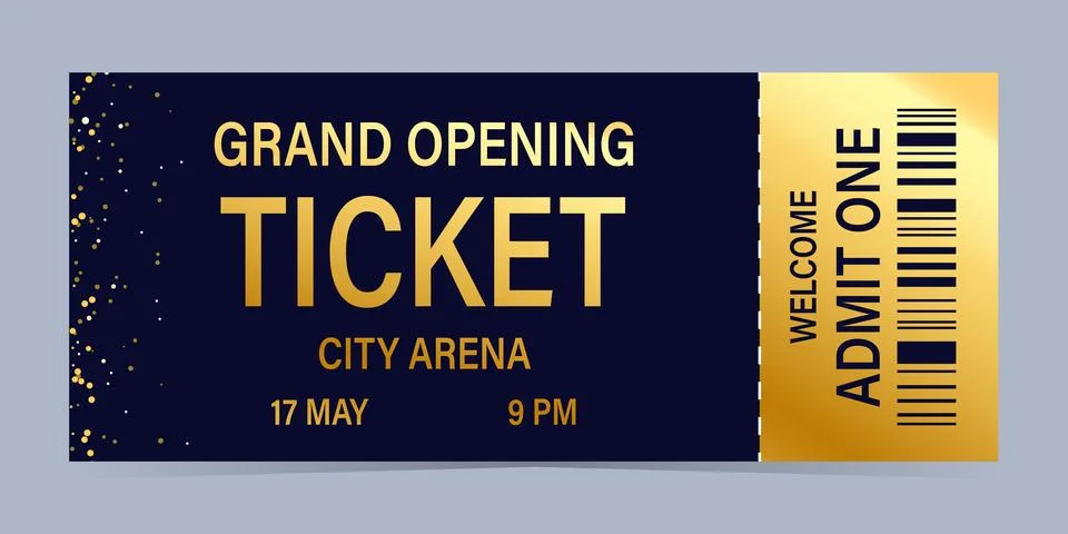 Realistic ticket vector template admission with gold for anything event. Stock Illustration