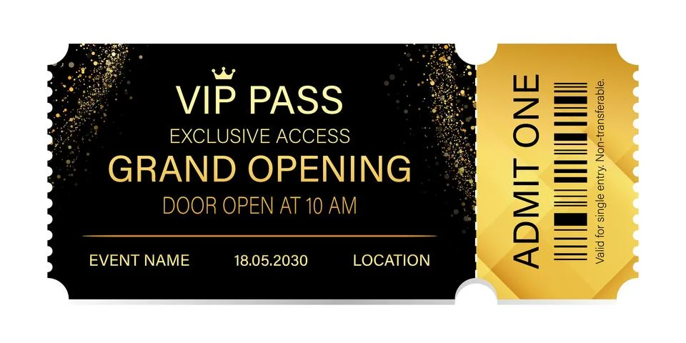 Realistic ticket vector template admission with gold for anything event. Stock Illustration