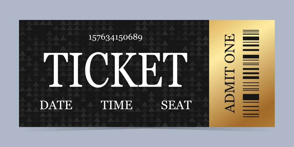 Realistic ticket vector template in gold and black colors for anything event. Stock Illustration