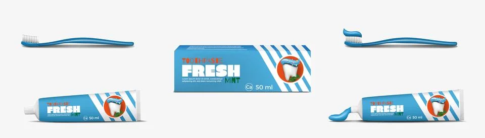 Realistic toothpaste package, toothbrush with paste. 3d tube box, hygiene brush Stock Illustration
