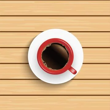 Realistic top view red coffee cup on wooden table. Stock Illustration