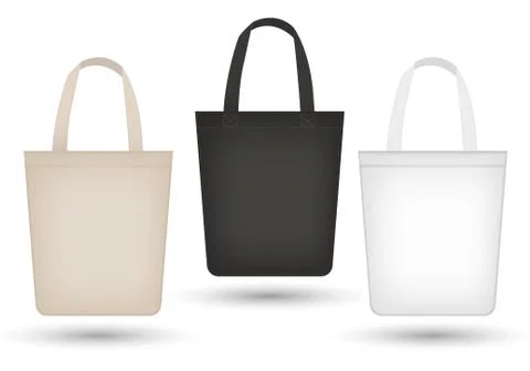 Realistic tote bag set. 3d fabric, canvas, shopping sack bags collection black Stock Illustration