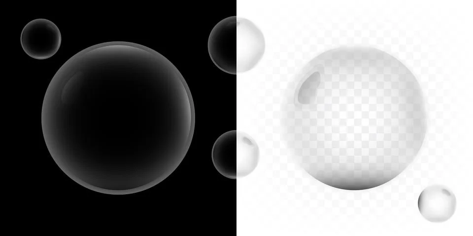 Realistic transparent soap bubbles and water drops set with glossy reflectio Stock Illustration
