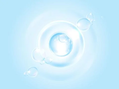 Realistic transparent soap bubbles with light reflections on a soft blue ba.. Ilustración de archivo