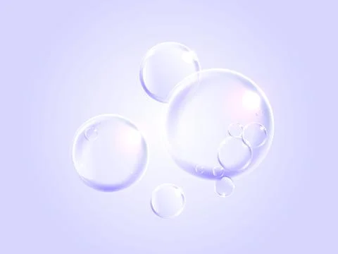 Realistic transparent soap bubbles with light reflections on a soft purple .. Stock-Illustration