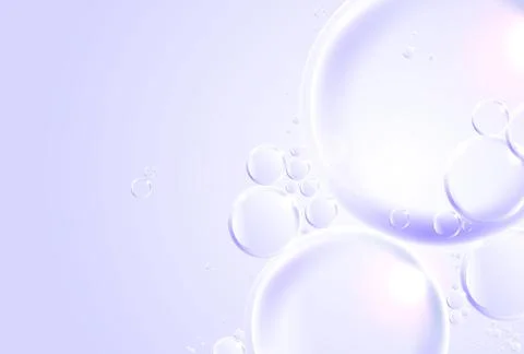 Realistic transparent soap bubbles with light reflections on a soft purple .. Illustrazione stock