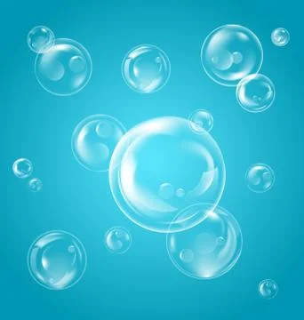 Realistic Transparent Soap Bubbles with Reflection on Blue Background Stock Illustration