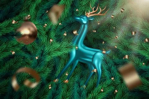 Realistic tree branches festive background with blue metallic deer, tinsel, c Stock Illustration