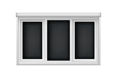 Realistic triple plastic window with open blind. White roller shutter for glass Stock Illustration