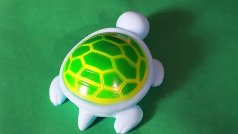 Realistic turtle plastic toy rotated in green  background, baby toy 4k footage. Stock Footage 277910679
