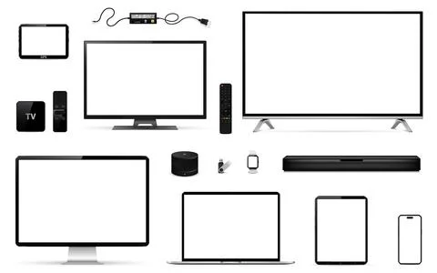 Realistic tv, computer, laptop, tablet, smart phone, smart watch, smart speak 库存插图
