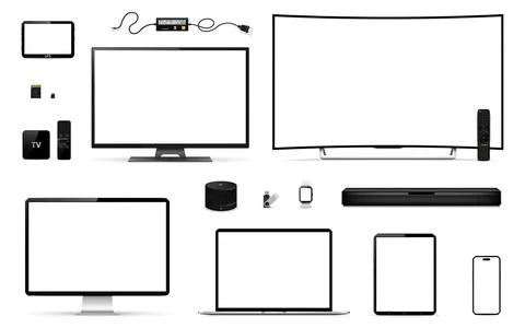 Realistic tv, computer, laptop, tablet, smart phone, smart watch, smart speak 库存插图