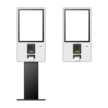 Realistic two self service payment kiosks or ticket machines 3d vector mock.. Illustrazione stock