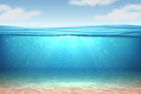 Realistic underwater background. Ocean deep water, sea under water level, sun Stock Illustration