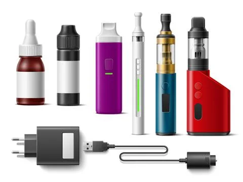 Realistic vape. 3d vaporizers elements, isolated electronic cigarettes different Stock Illustration