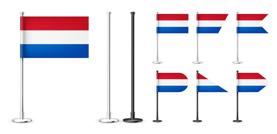 Realistic various Dutch table flags on a chrome steel pole. Souvenir from Stock Illustration