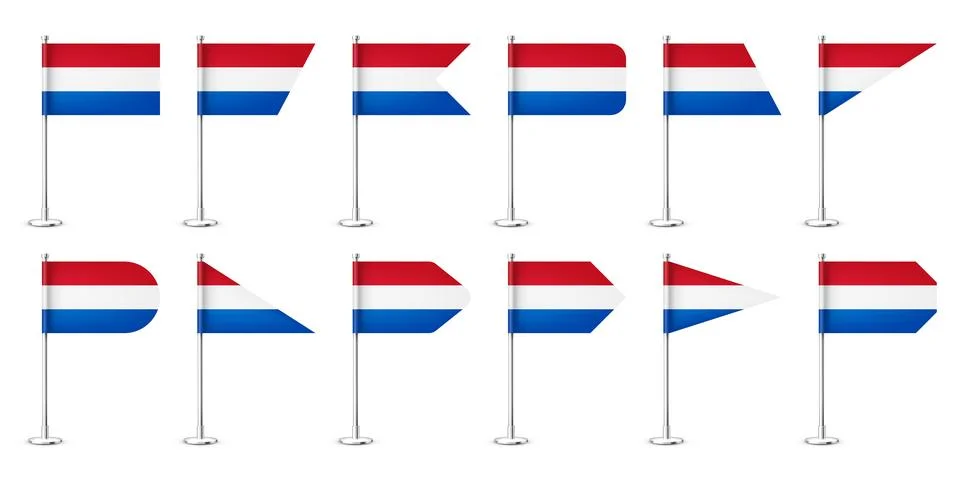 Realistic various Dutch table flags on a chrome steel pole. Souvenir from Stock Illustration