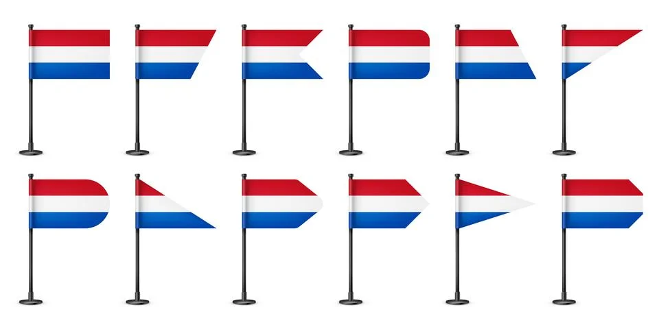 Realistic various Dutch table flags on a black steel pole. Souvenir from Stock Illustration