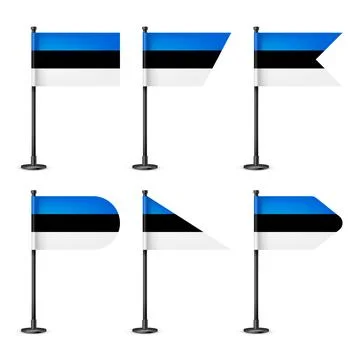 Realistic various Estonian table flags on a black steel pole. Souvenir from Stock Illustration