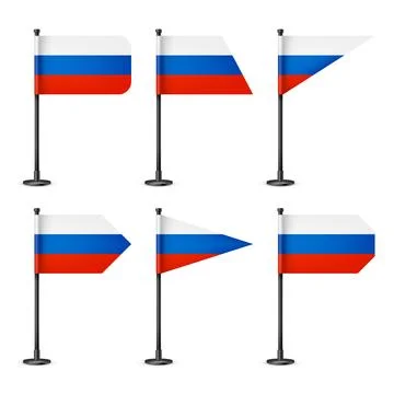 Realistic various Russian table flags on a black steel pole. Souvenir from Stock Illustration